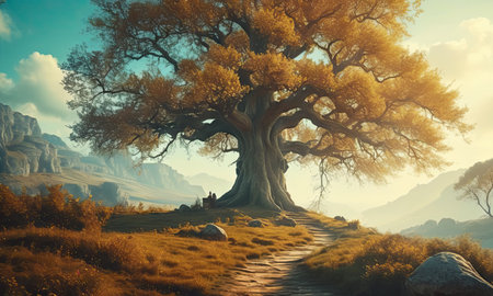 Fantasy landscape with big old tree. 3d render illustration.の素材