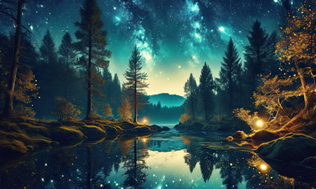 Fantasy landscape with forest and lake. Elements of this image furnished by NASAの素材