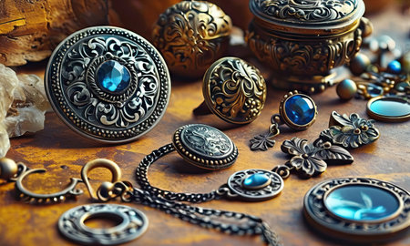 Jewelry on a wooden table, close up. Vintage jewelry.の素材