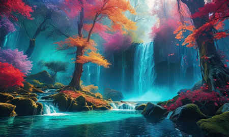 Beautiful waterfall in the forest at autumn season. 3d renderingの素材