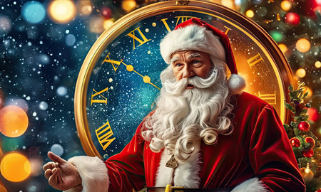 Santa Claus with big clock at midnight. Christmas and New Year concept.の素材