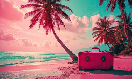 Pink suitcase on a tropical beach with palm trees and sea in the backgroundの素材