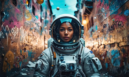 Beautiful african american woman cosmonaut in an astronaut helmet in an abandoned city.の素材