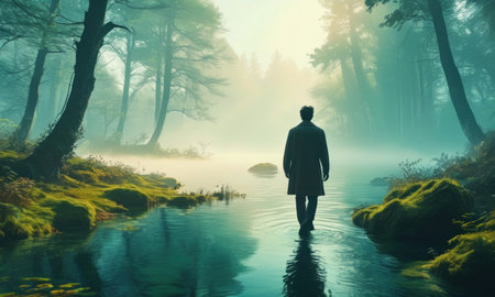 Fantasy landscape with a man standing in the middle of a forest lake.の素材