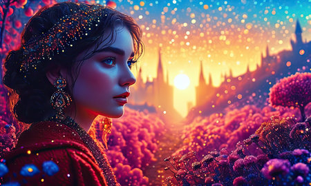 Beautiful woman with fantasy castle in background. 3d rendering.の素材