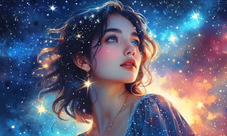Portrait of a beautiful young woman in the night sky with stars.の素材