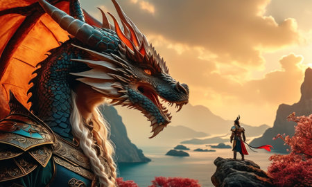Dragon statue and beautiful sea landscape at sunset. 3d rendering.の素材