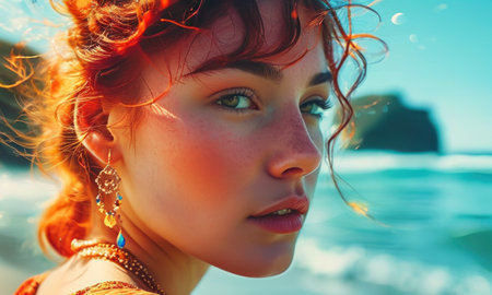 Close-up portrait of a beautiful girl with red hair on the beachの素材
