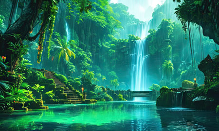 Waterfall in the tropical forest. Toned in green color.の素材