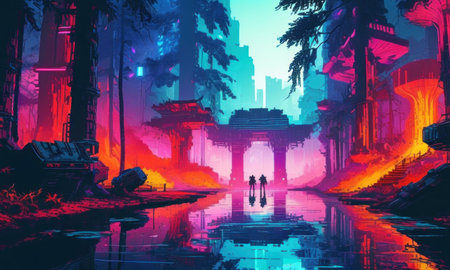 Digital painting of a temple in the middle of a lake with reflectionsの素材