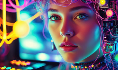 Close-up portrait of a female cyborg. The concept of cyberpunk.の素材