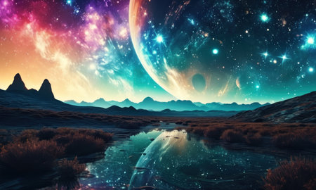 Fantasy alien planet. Mountain and river. 3D illustration.の素材