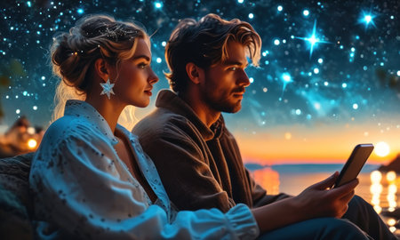 Beautiful young couple sitting on the beach at sunset and looking at the phoneの素材