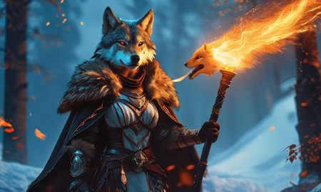 Portrait of a wolf in the forest with a burning torch.の素材
