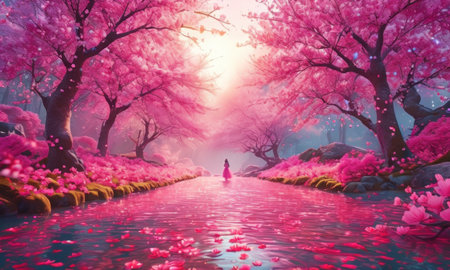 Cherry blossoms and woman walking in the park in spring.の素材