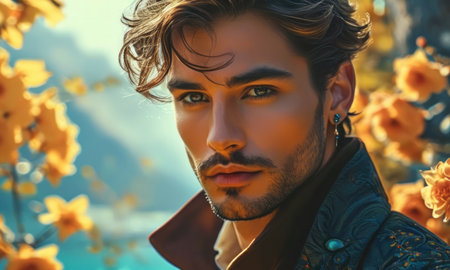 Close-up portrait of a handsome young man with a stylish hairstyle in a blue jacket.の素材