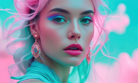 Fashion portrait of a beautiful girl with pink hair and bright makeupの素材