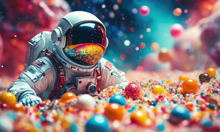 Astronaut in space surrounded by colorful candy. 3D rendering.の素材