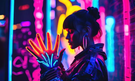 Portrait of young beautiful asian woman with neon light on her face.の素材