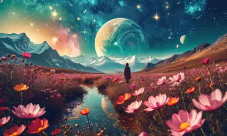 Fantasy landscape with a woman on the background of the moon.の素材