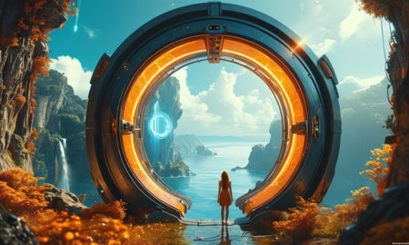 Futuristic landscape with a waterfall and a female figure. 3d renderingの素材