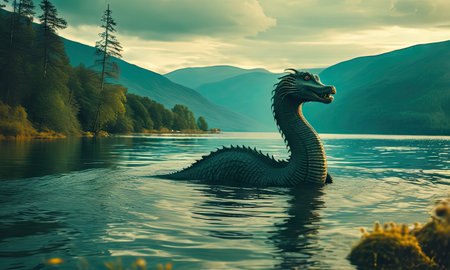 Fantasy dragon on the lake in mountains. 3d illustration.の素材
