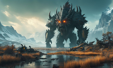 3D rendering of a fantasy alien landscape with a river and a dragonの素材