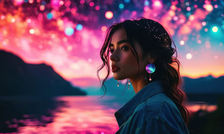 Beautiful asian woman in the night at the sea with fireworksの素材