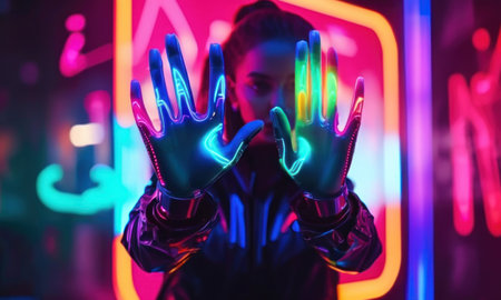 Portrait of a beautiful girl in neon light. The girl is dressed in a black jacket and neon lights.の素材