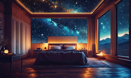 Interior of a bedroom in the mountains. Night view from the window. 3D renderingの素材