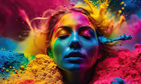 Portrait of a beautiful young woman with bright make-up and multi-colored paint splashes.の素材