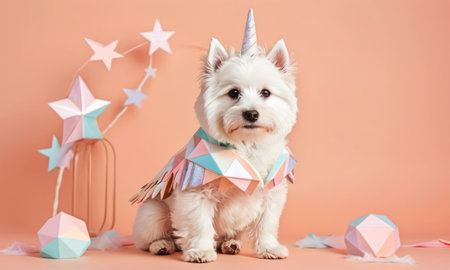 West highland white terrier in a unicorn costume on a pink backgroundの素材