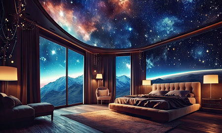 Interior of a bedroom with a large window overlooking the mountains. 3D renderingの素材