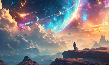 Fantasy landscape with woman and planet. 3d illustration. Elements of this image furnished by NASAの素材