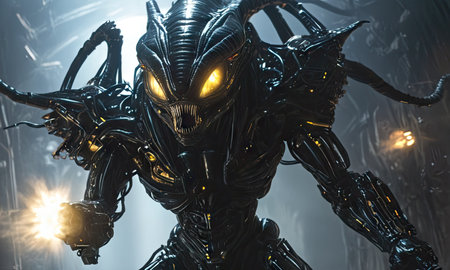 3D rendering of a female robot in a futuristic environment with lightsの素材