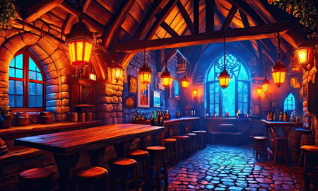 Illustration of a bar in a medieval style with wooden tables and chairsの素材