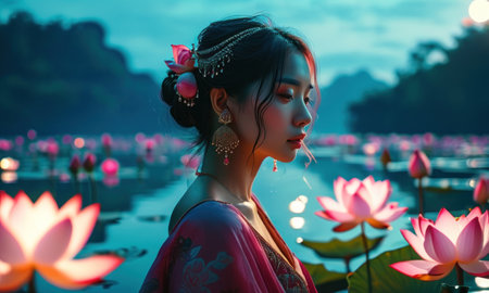 Beautiful asian woman in lotus lake at twilight time.の素材