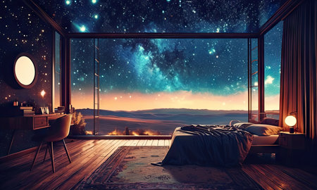 Interior of a modern bedroom with a panoramic window overlooking the mountains.の素材