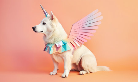 Cute dog with unicorn horn and paper party hat on color backgroundの素材