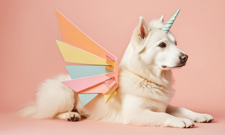 Cute white Swiss Shepherd dog with unicorn horn on a pink backgroundの素材