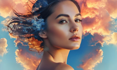 Portrait of beautiful young woman with flying hair. Beauty, fashion.の素材