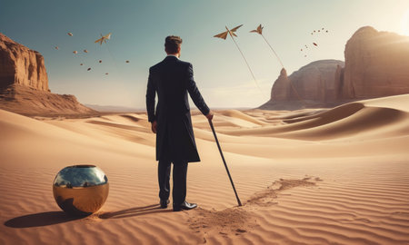 Businessman walking in the desert with a ball and windmillsの素材