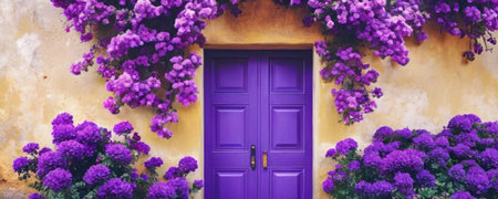 Purple door with violet flowers on yellow wall. Panoramic imageの素材