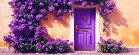 Purple door with purple flowers and yellow wall, Crete, Greeceの素材