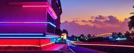 Night road with neon lights. Motion blur. Panoramic view.の素材