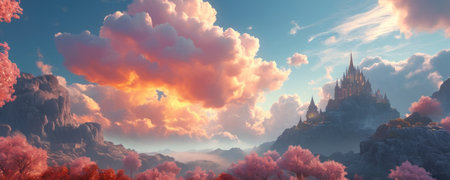 Beautiful fantasy landscape with a temple in the middle of the forestの素材