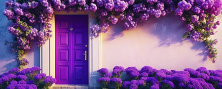 Purple door with flowers on the wall, 3d illustration.の素材