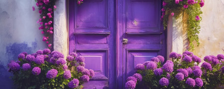 Purple door with blooming hydrangea and ivyの素材