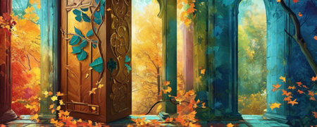 3d illustration of a fantasy autumn scene with golden leaves and doorsの素材