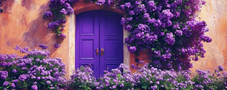 Purple door with purple flowers on the wall. Can be used as backgroundの素材